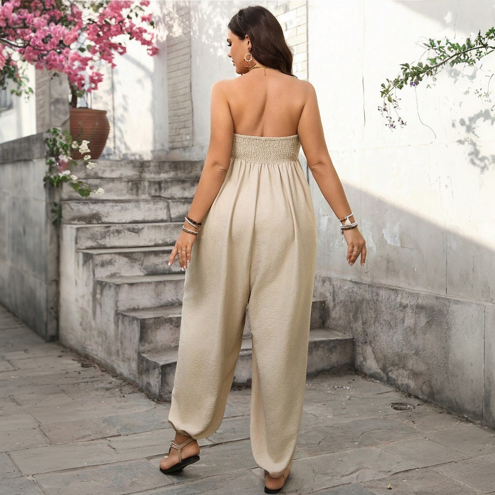 Women’s Jumpsuit – Strapless Smocked Bust – Relaxed Fit – Cotton Blend – Side Pockets