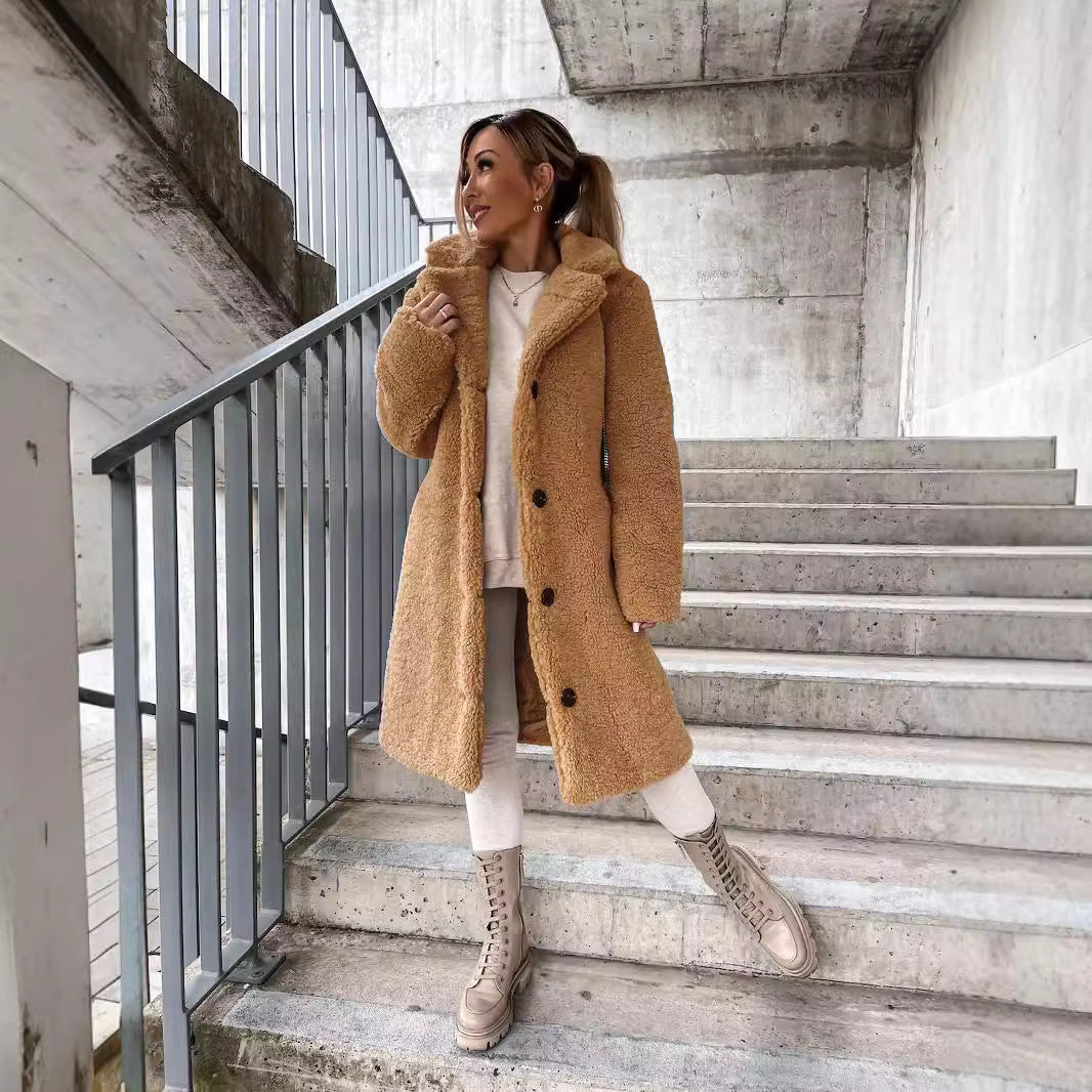 Women’s Long Coat – Wool Blend – Oversized Fit – Lapel Collar – Button Front – Pockets