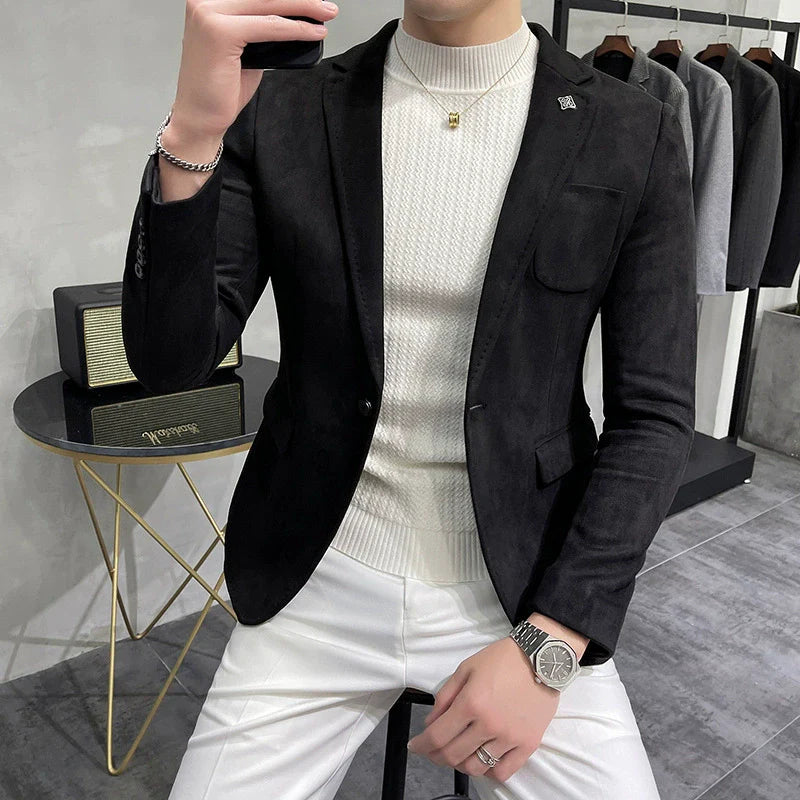 Men’s Blazer – Slim Fit – Suede Feel – Single-Breasted – Notch Lapel – Formal Style