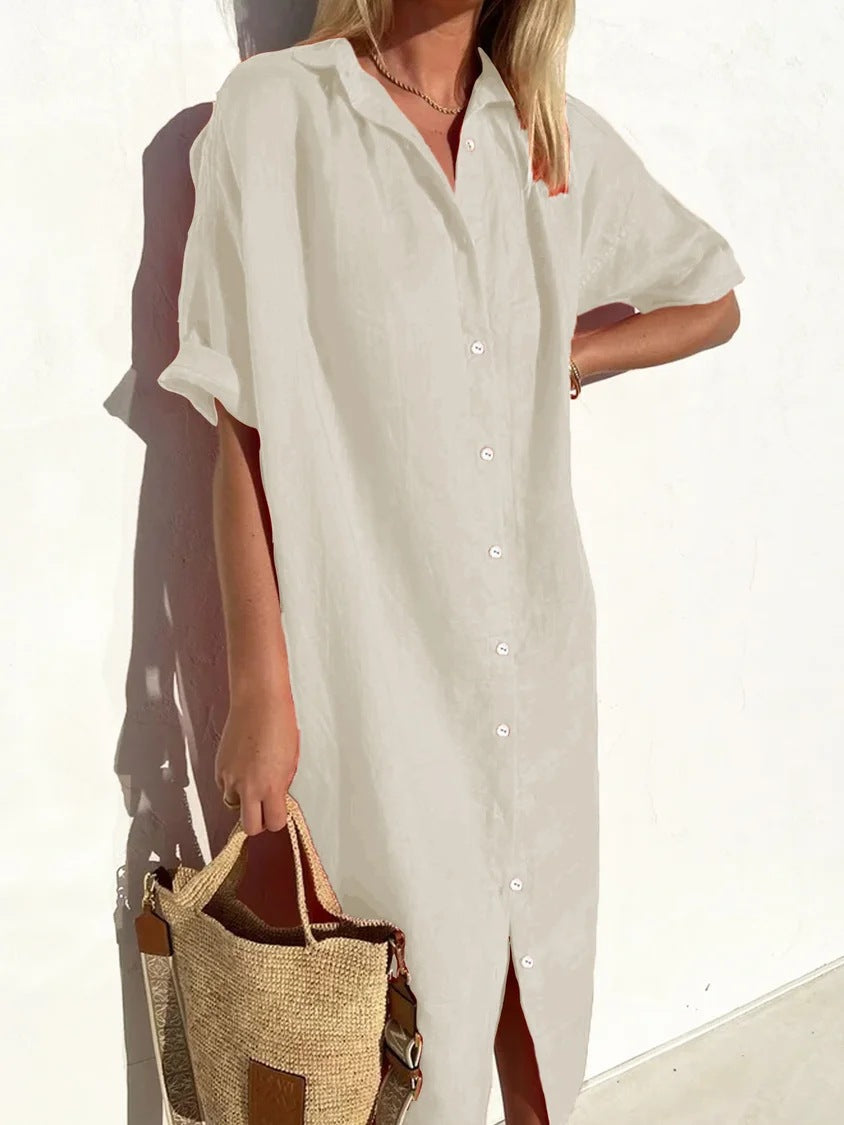 Women’s Shirt Dress – Cotton Linen Blend – Relaxed Fit – Button Down – Midi Length
