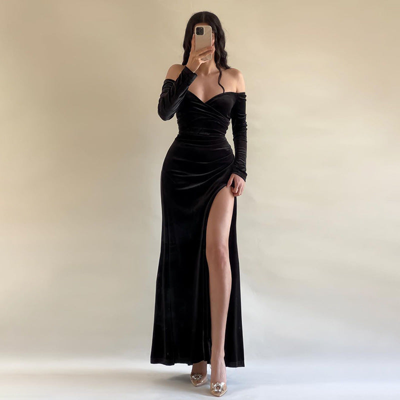Women’s Long Dress – Velvet – Bodycon Fit – Off Shoulder – Crossover Bust – High Slit