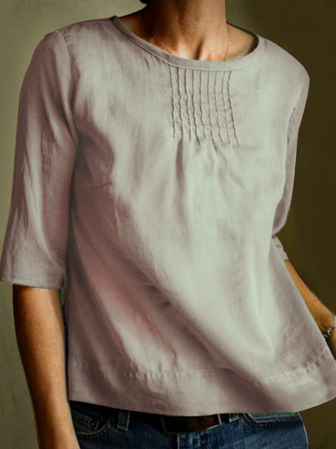 Women’s Blouse – Cotton Linen Blend – Loose Fit – 3/4 Sleeve – Pleated Front