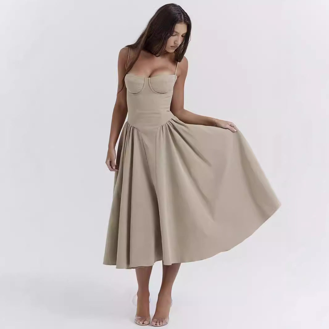 Women’s Midi Dress – Fitted Bodice – Spaghetti Straps – Pleated A-Line Skirt