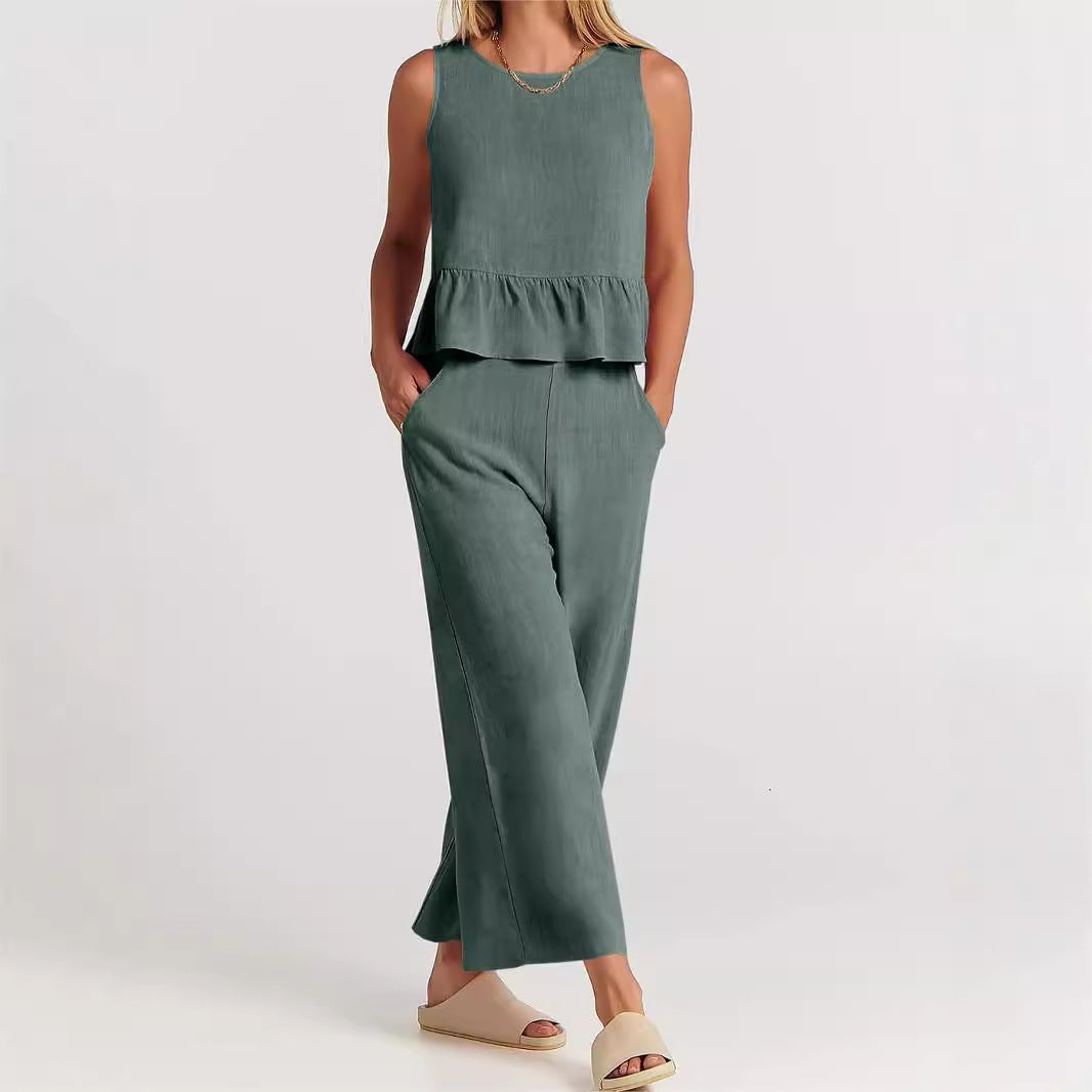 Women’s Peplum Top – Lightweight Cotton Blend – Relaxed Fit – Sleeveless Rounded Neckline