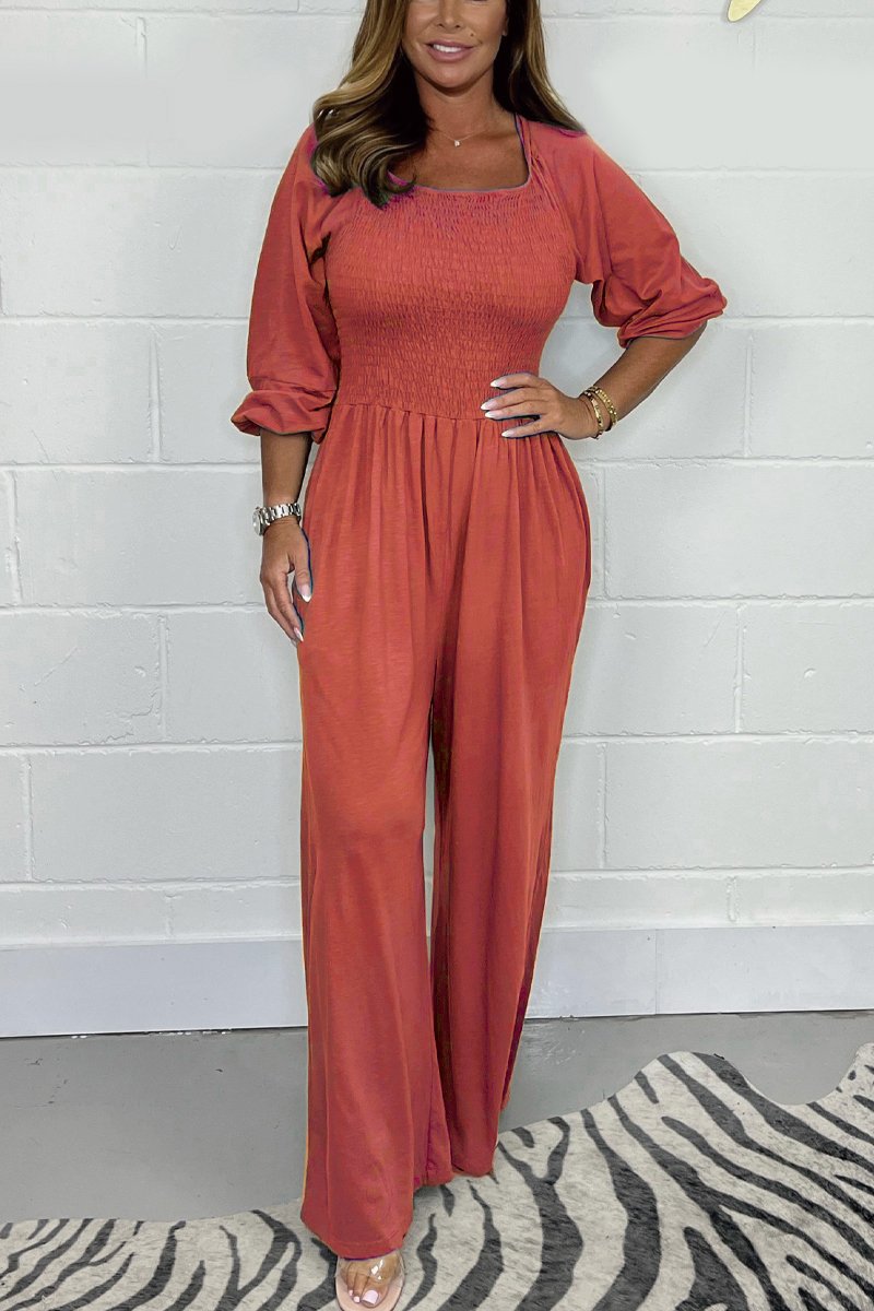 Women’s Jumpsuit – Smocked Bodice – Cotton Blend – Wide Leg – 3/4 Sleeve – Square Neck