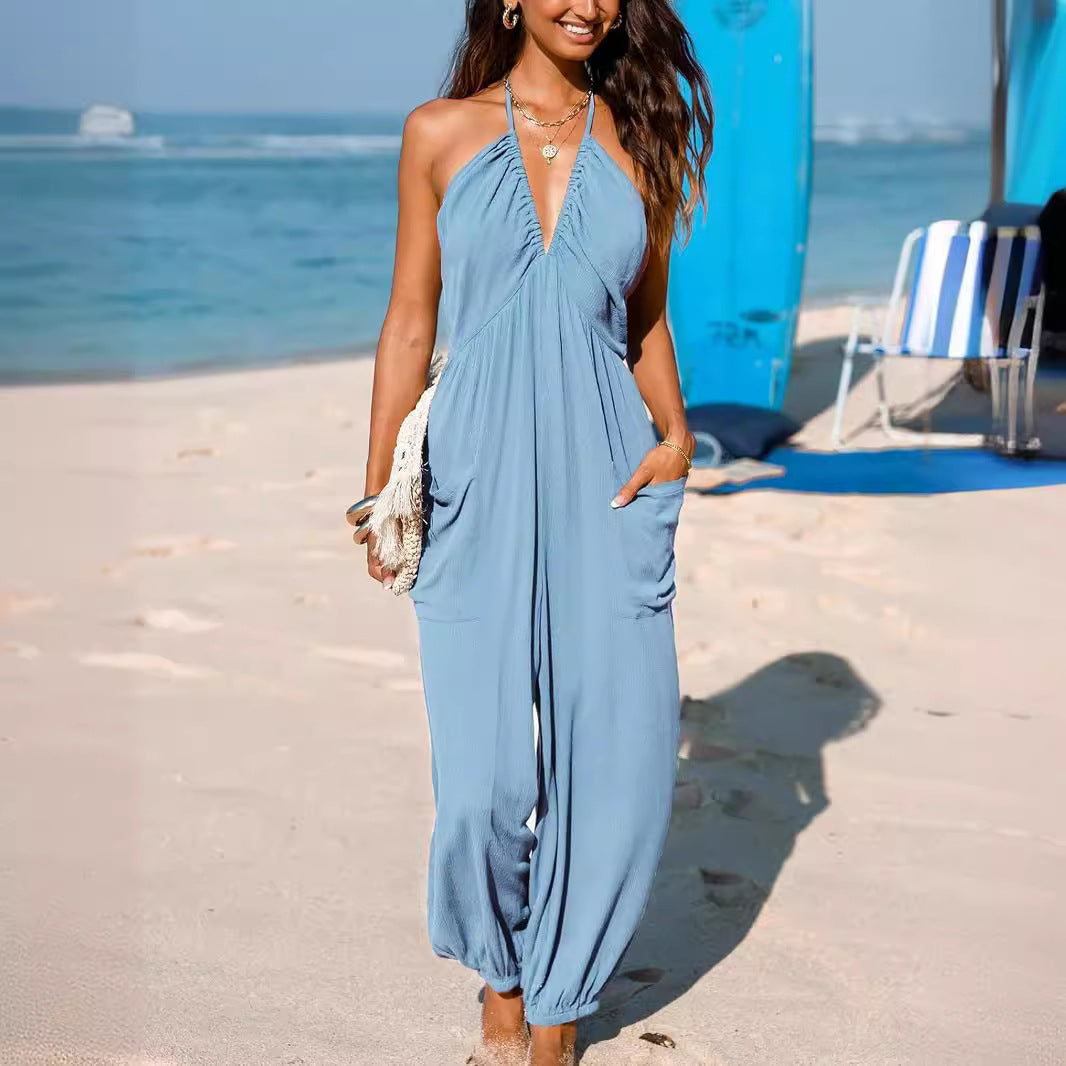 Women’s Halter Jumpsuit – Lightweight Fabric – Deep V-Neck – Tapered Leg – Pockets