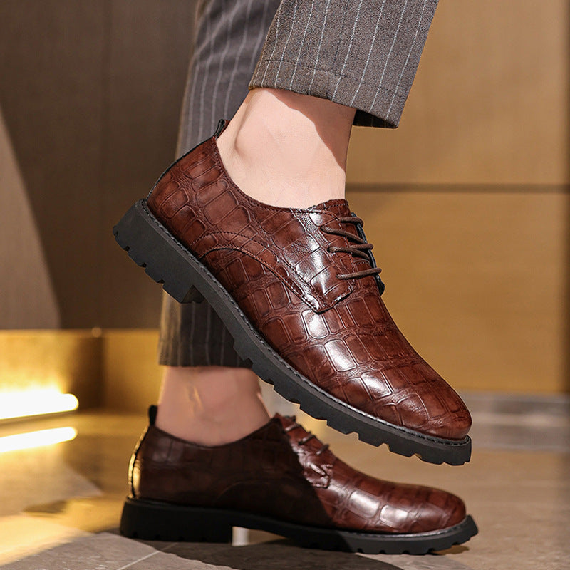 Men’s Dress Shoes – Leather Oxford – Embossed Crocodile Pattern – Lace-Up Formal