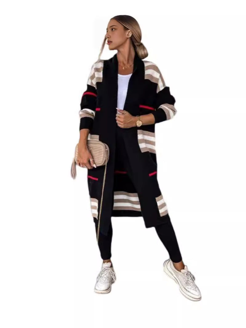 Women’s Long Cardigan – Wool Knit – Oversized Fit – Striped – Open Front Layering