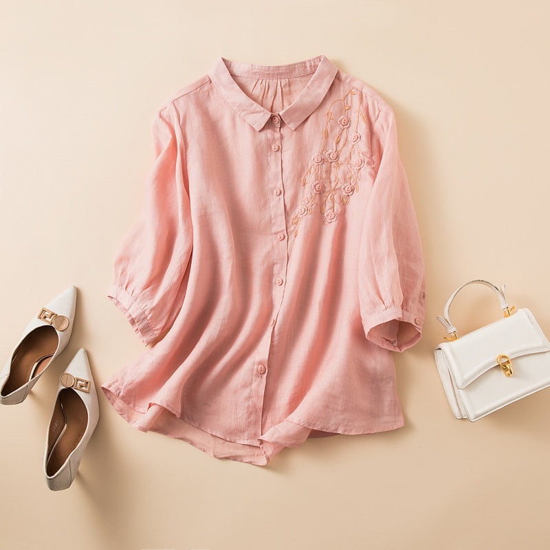 Women’s Button-Up Shirt – Relaxed Fit – Mid Sleeve – Embroidered – Breathable Blend