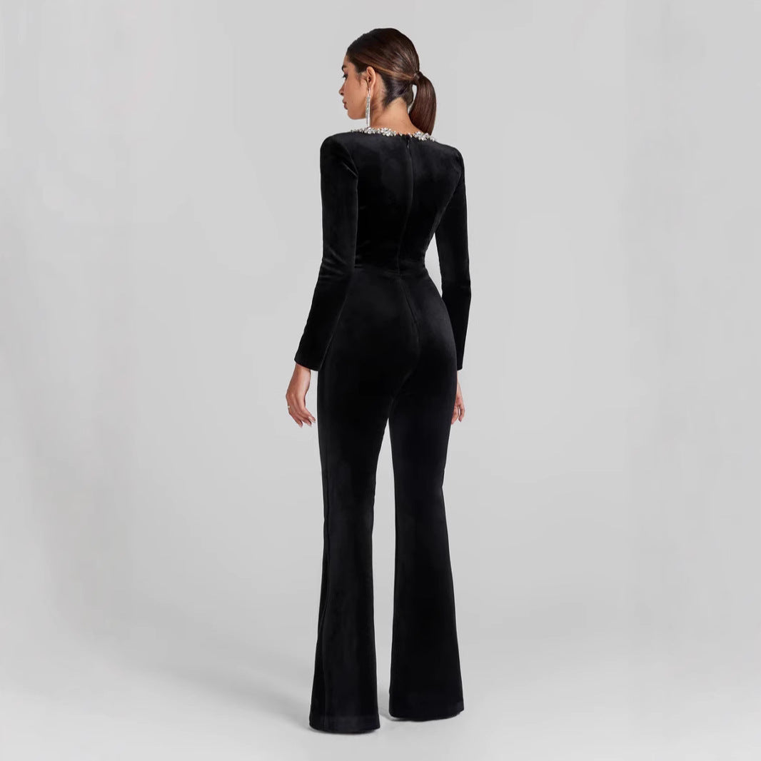 Women’s Jumpsuit – Velvet Fabric – Slim Fit – Flared Leg – Embellished Neckline – Long Sleeve