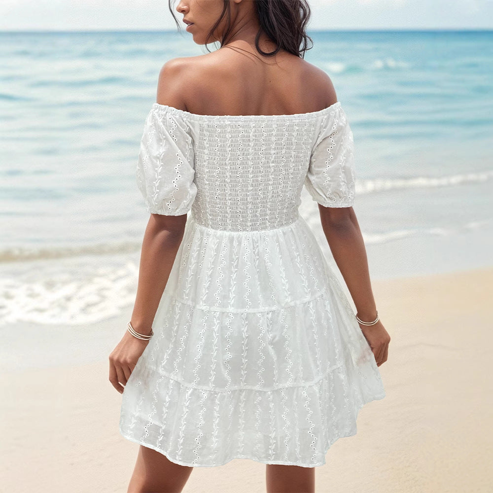Women’s Off-Shoulder Dress – Smocked Bodice – Puff Sleeves – Eyelet Tiered Skirt
