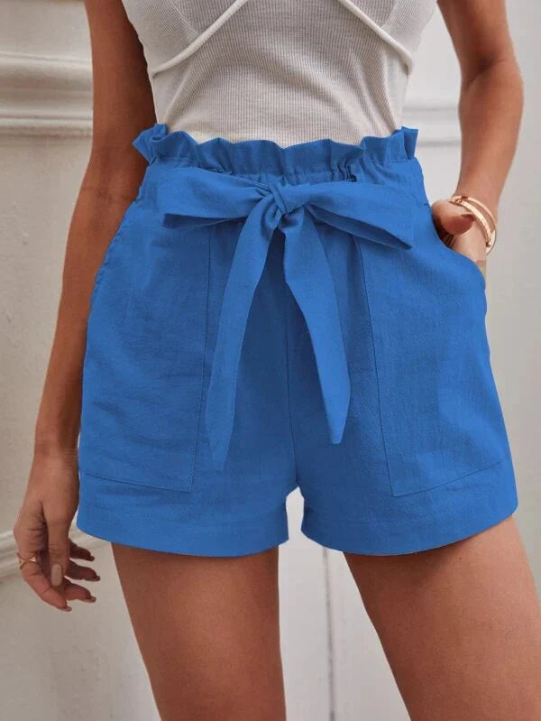 Women’s Shorts – Linen – High Waist – Paper bag Style – Loose Fit – Belted Casual