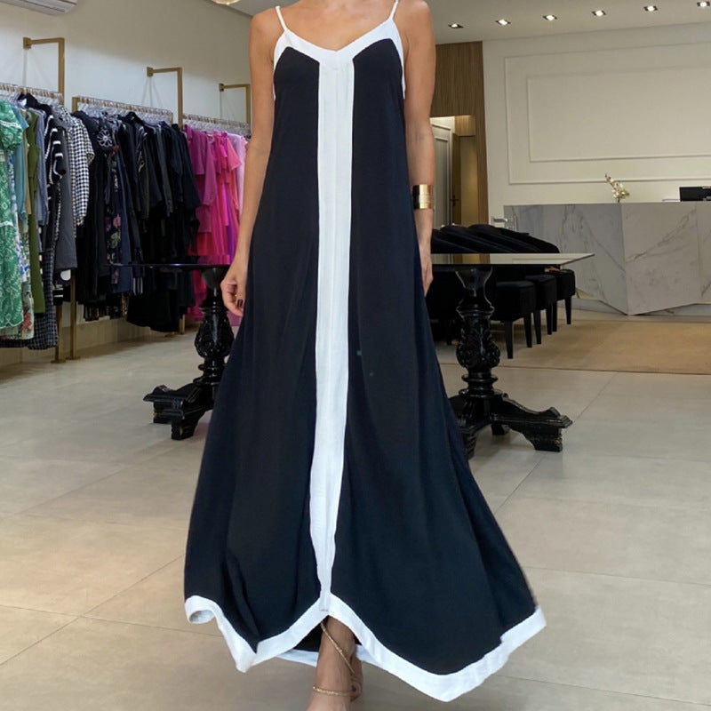 Women’s Maxi Dress – Loose Fit – Lightweight Fabric – Thin Straps – Contrast Detail