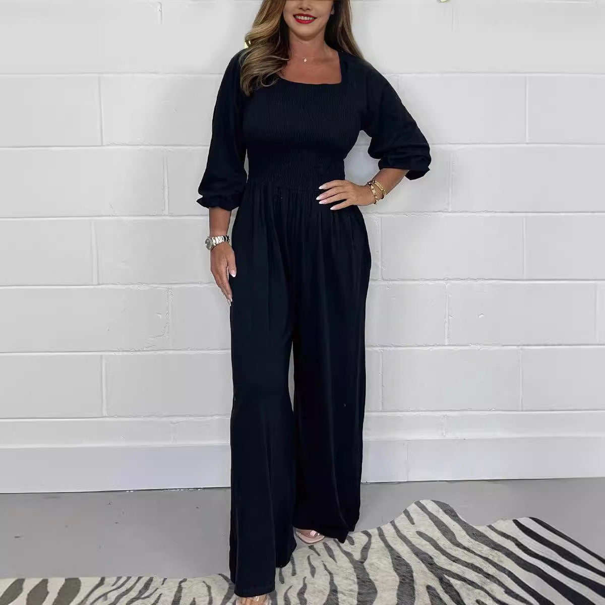 Women’s Jumpsuit – Smocked Bodice – Cotton Blend – Wide Leg – 3/4 Sleeve – Square Neck
