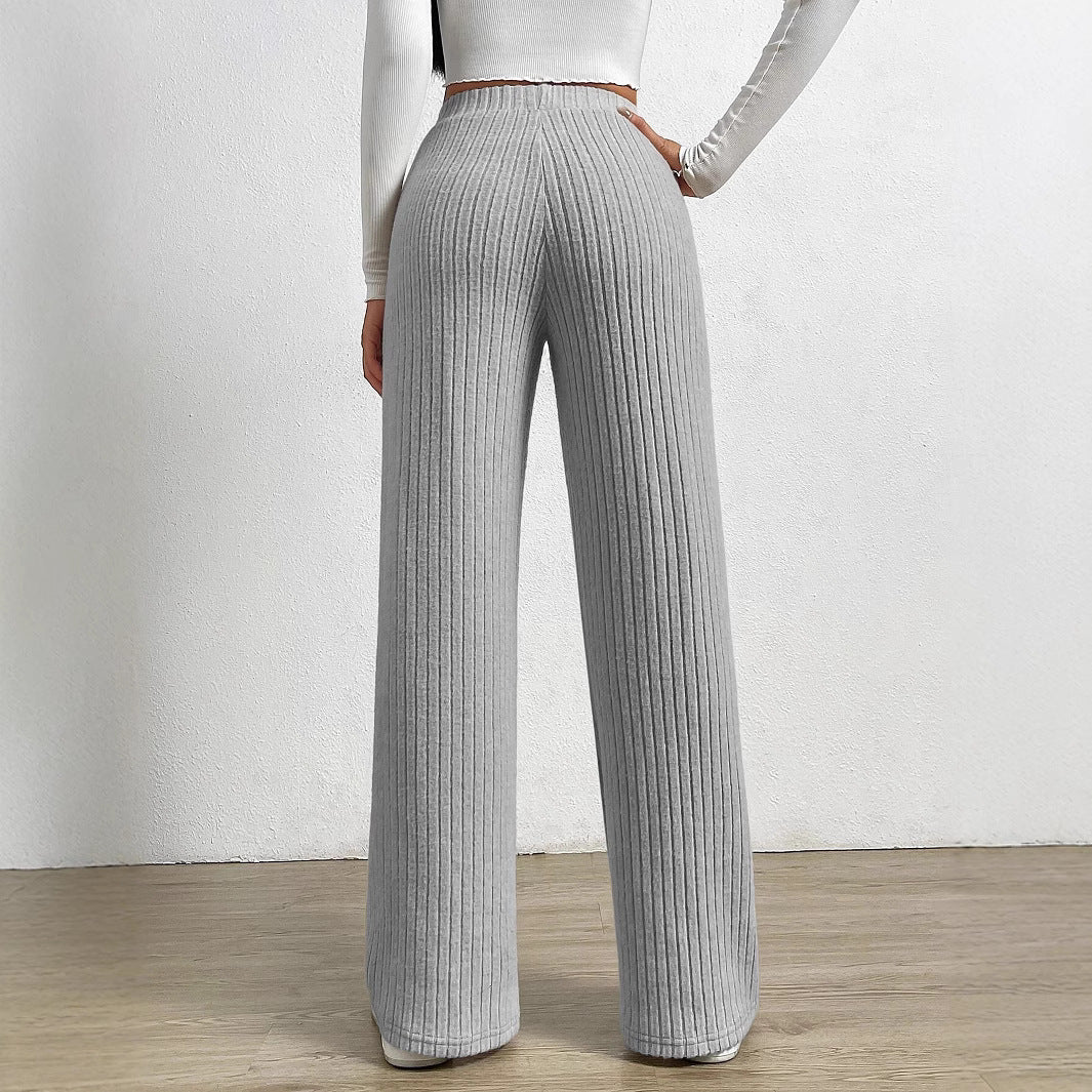 Women’s Wide-Leg Trousers – Ribbed Knit – High Waist – Full Length – Relaxed Fit
