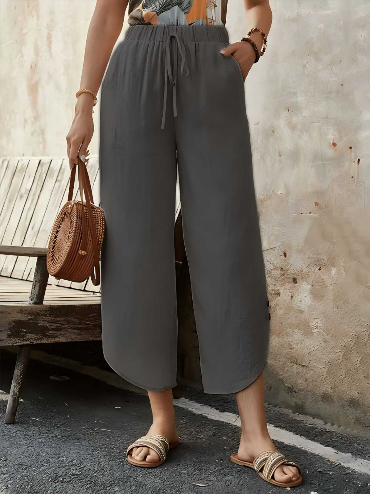 Women’s Cropped Trousers – Cotton Linen Blend – High Waist – Wide Leg – Drawstring Waist