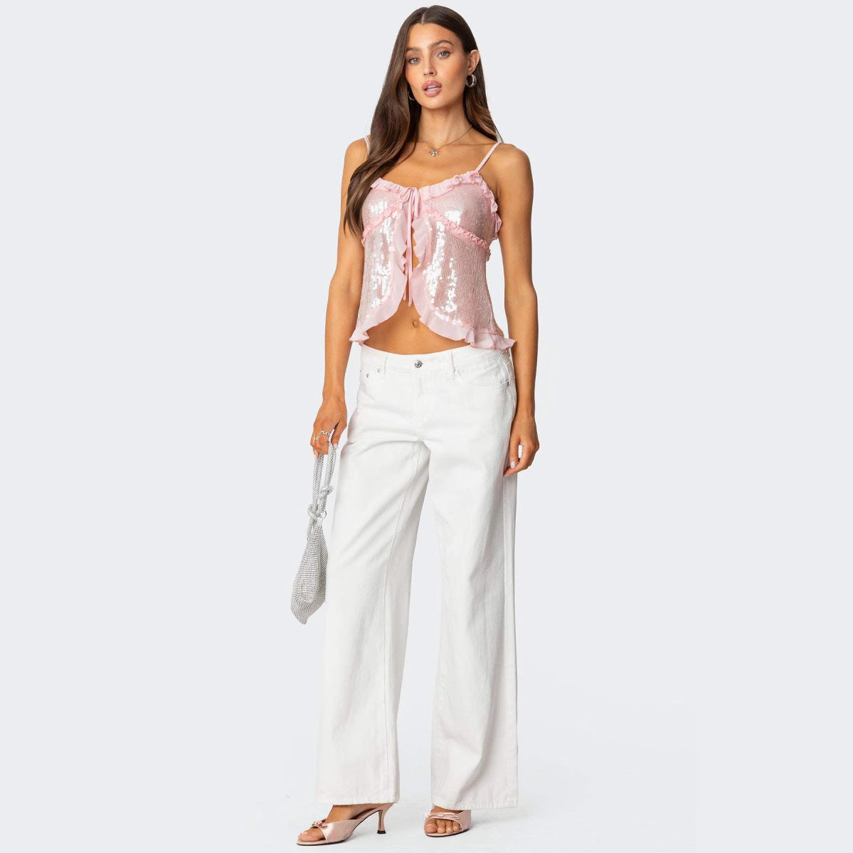 Women’s Halter Crop Top – Sequin Embellished – Fitted Silhouette – Ruffle Trim Bow