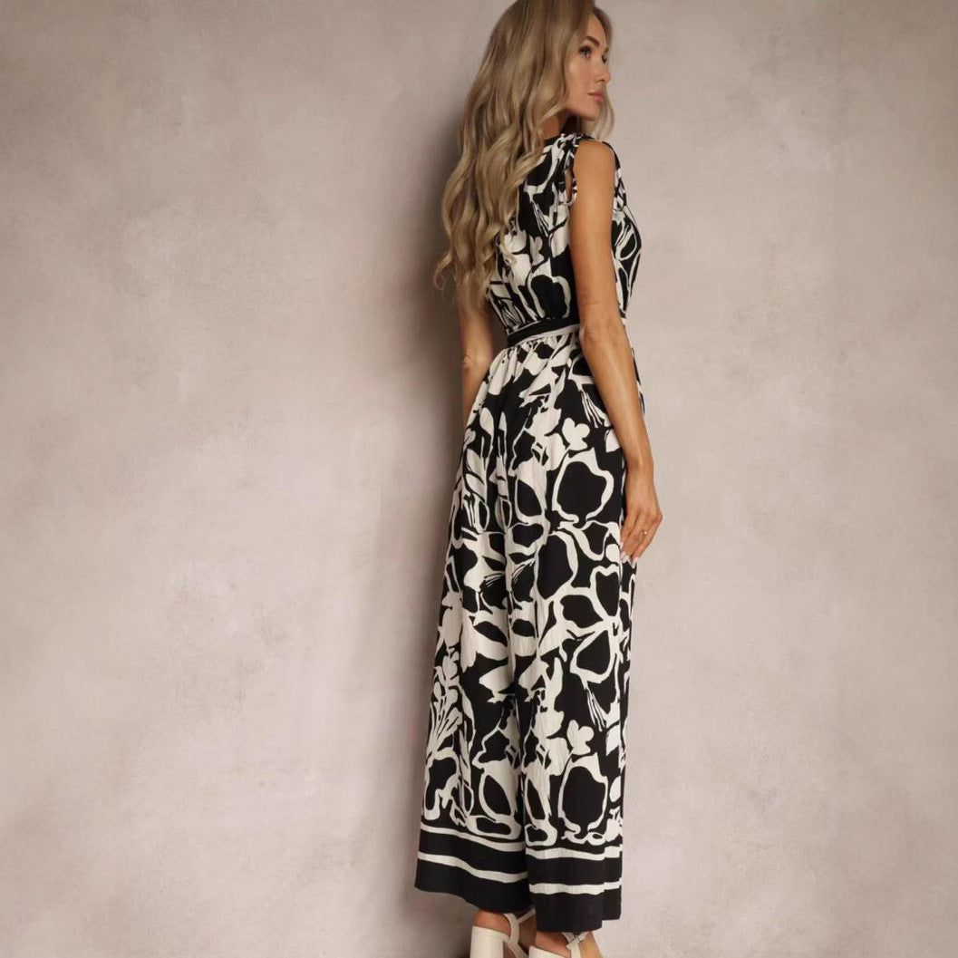Women’s Jumpsuit – Lightweight Woven Fabric – Sleeveless V-Neck – Tie Waist – Printed Full Length