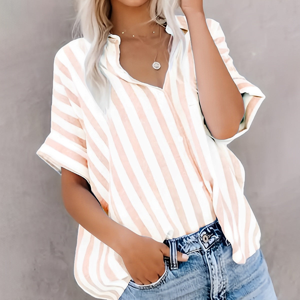 Women’s Short Sleeve Shirt – Lightweight Cotton – Relaxed Fit – Striped Button Front