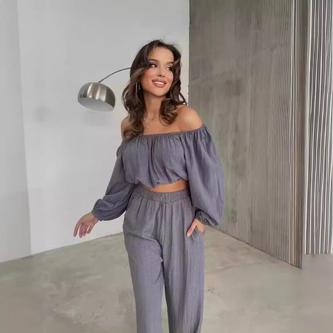 Women’s Two-Piece Set – Off-Shoulder Crop Top – Wide-Leg High-Waist Trousers – Lightweight Fabric
