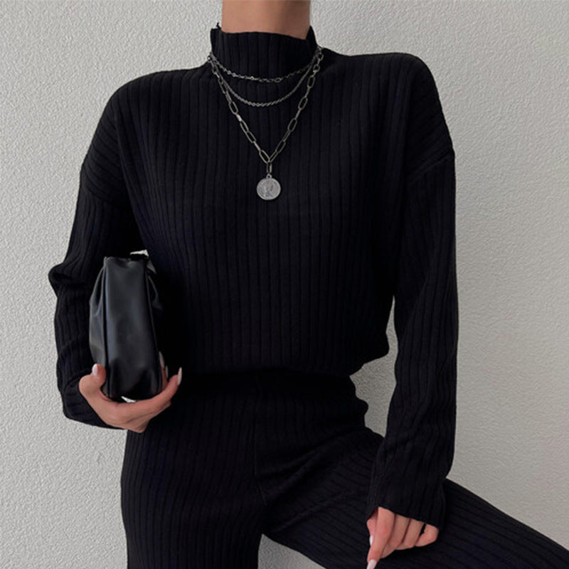 Women’s Knit Set – Ribbed Two-Piece – Relaxed Fit – Semi-High Neck – Full Length