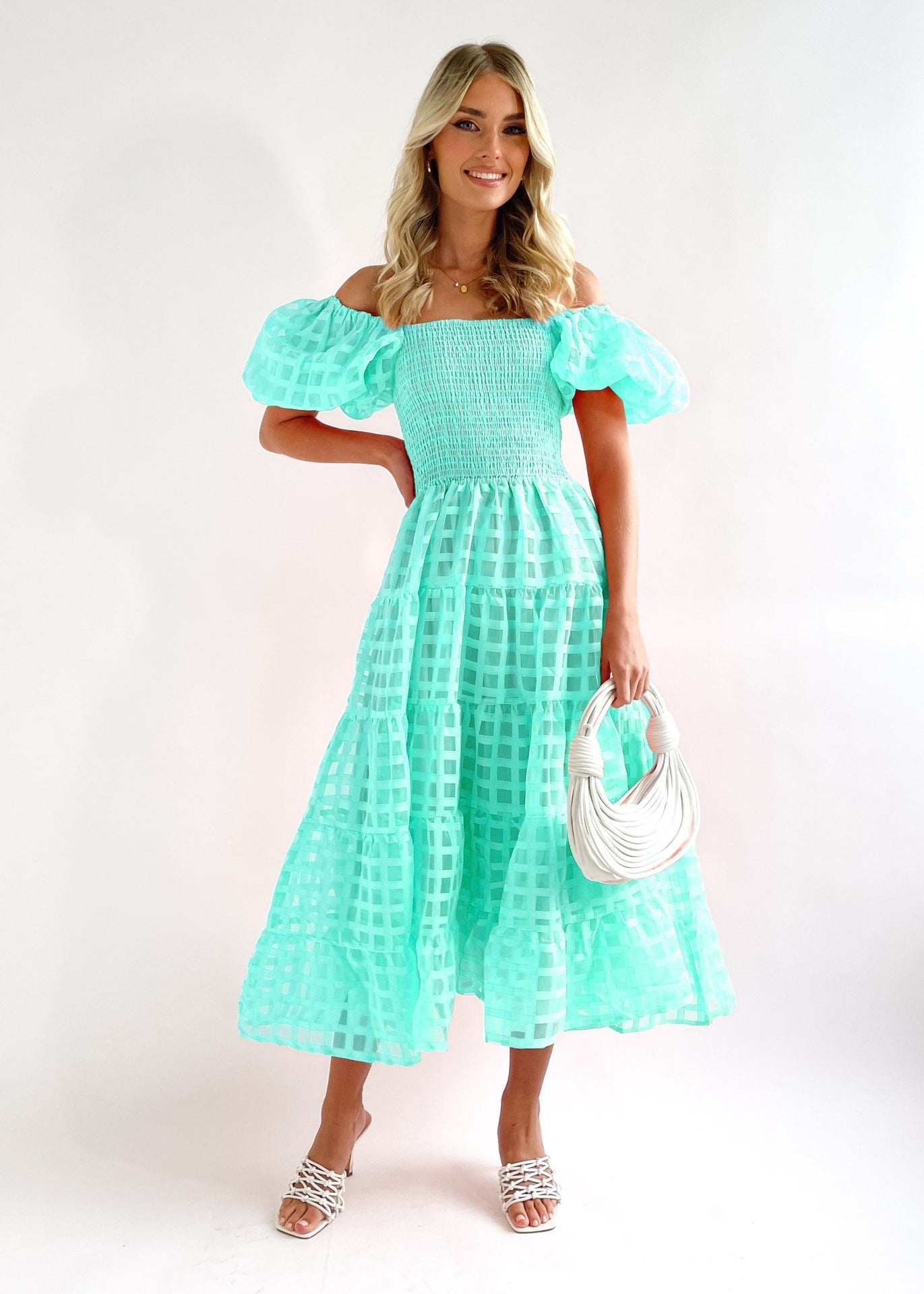 Women’s Maxi Dress – Off-Shoulder – Puff Sleeves – Smocked Waist – Tiered Skirt – Breathable Blend