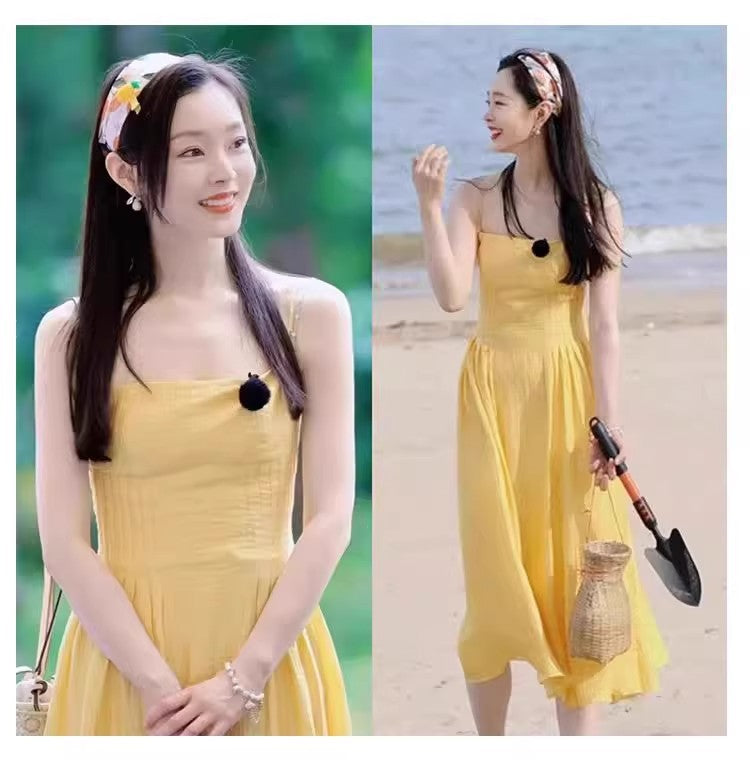 Women's Sundress - Spaghetti Straps - Flared Skirt - Elegant Yellow