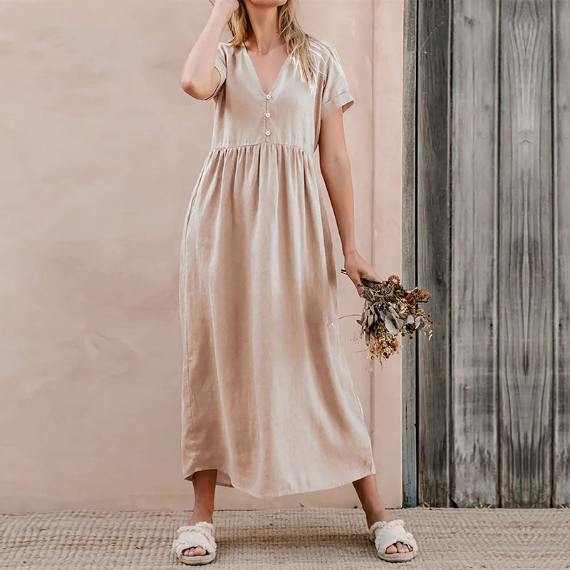 Women’s Casual Dress – V-Neck – Button Front – Loose Fit – Cotton-Linen Blend – Midi Length