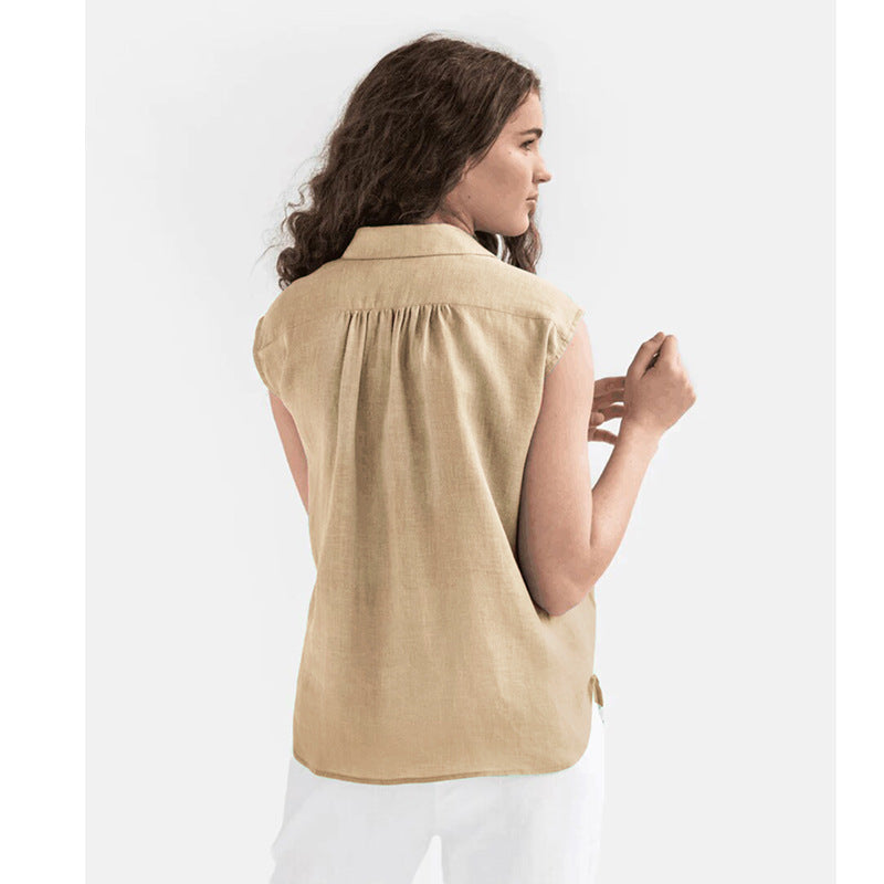 Women’s Sleeveless Blouse – Cotton Linen Blend – Relaxed Fit – Button Down Collar