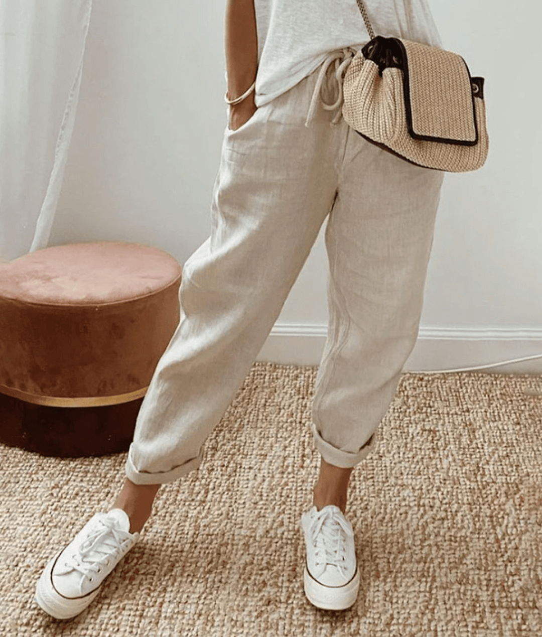 Women’s Trousers – Relaxed Fit – Breathable Blend – Drawstring Waist – Abstract Print