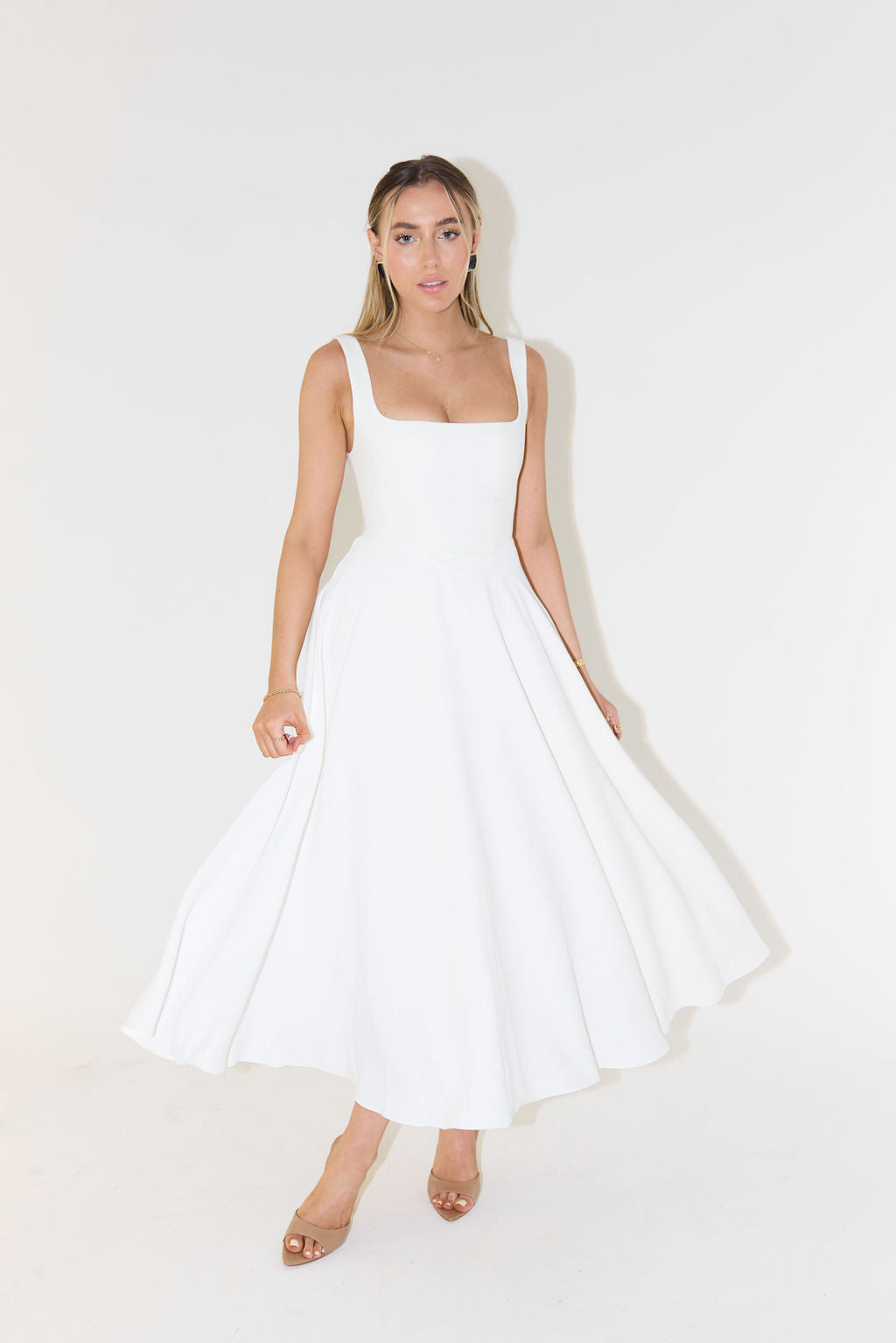 Women’s Midi Dress – Satin Finish – Fitted Bodice – Sleeveless – Square Neckline