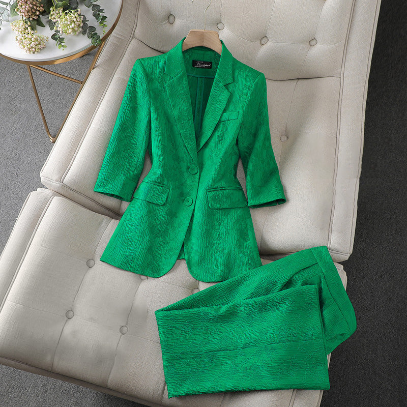 Women's Tailored Suit - Textured Blazer & Straight-Leg Trousers - Formal Elegant Fit
