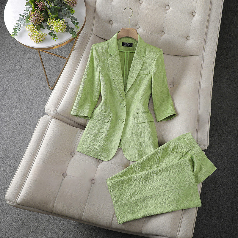 Women's Tailored Suit - Textured Blazer & Straight-Leg Trousers - Formal Elegant Fit