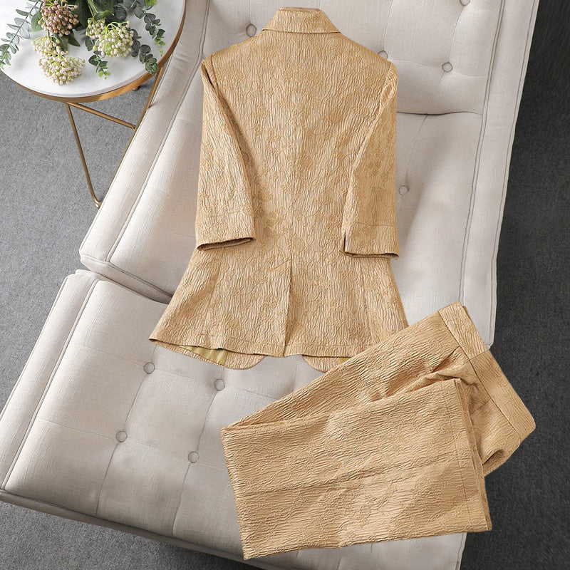 Women's Tailored Suit - Textured Blazer & Straight-Leg Trousers - Formal Elegant Fit