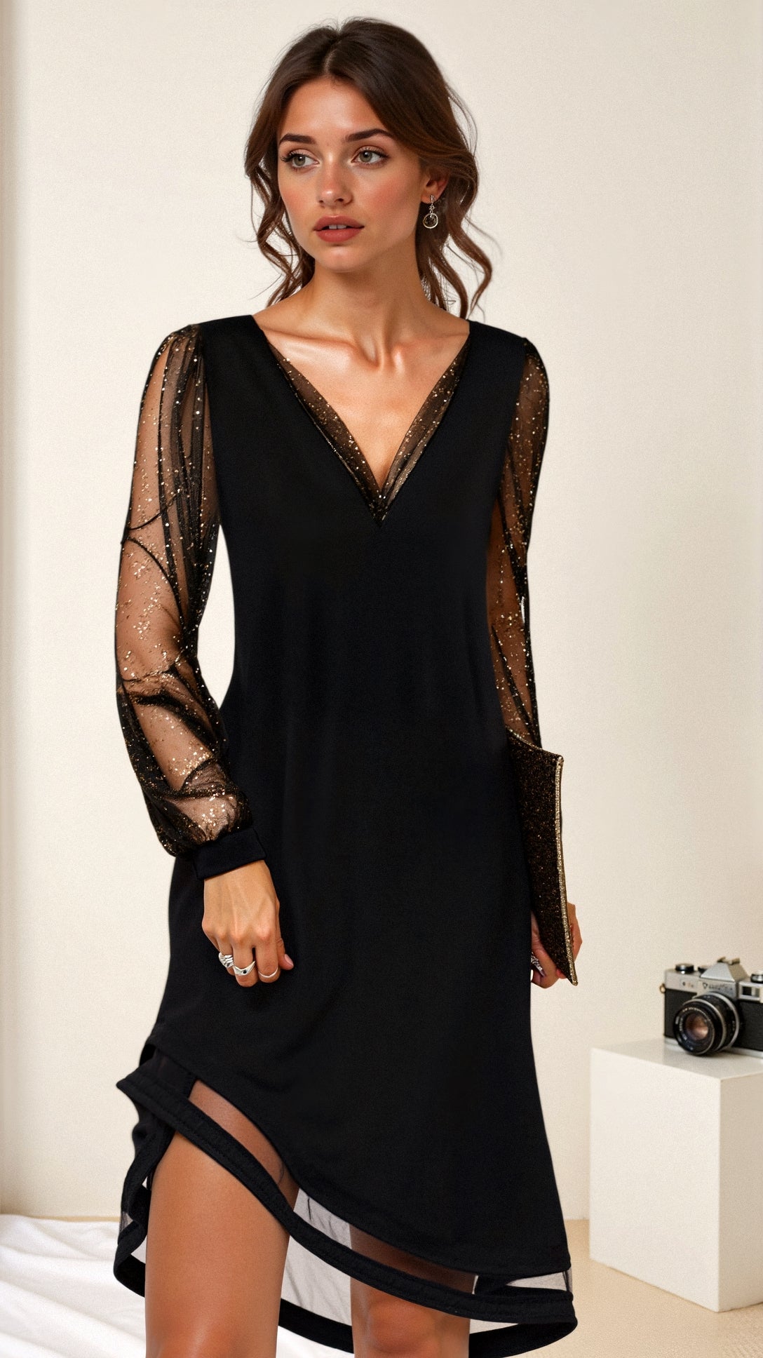 Women’s Evening Dress – V-Neck – Sheer Long Sleeves – Sequin Detail – Asymmetrical Hem