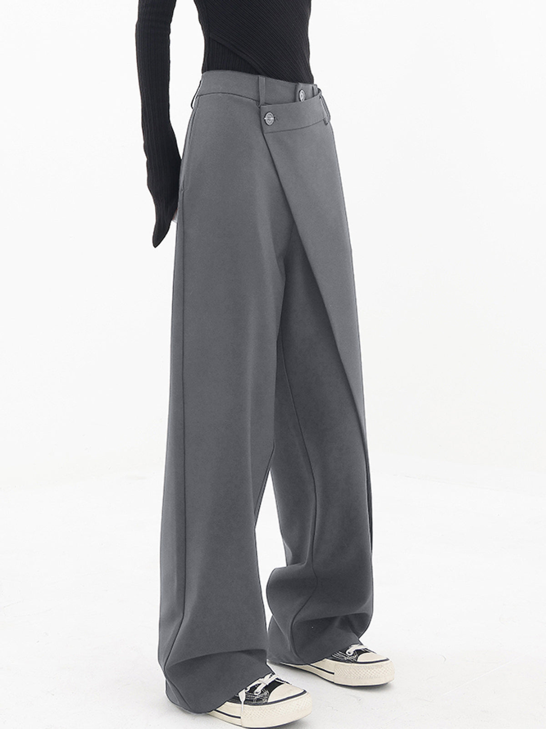 Women’s Wide-Leg Trousers - High Waist - Asymmetric Wrapover - Button Detail - Side Pockets