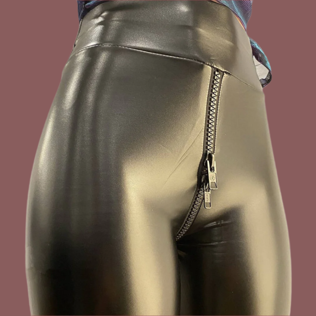 Women’s Faux Leather Pants – Slim Fit – Full Length – Front Zip – Shiny Finish
