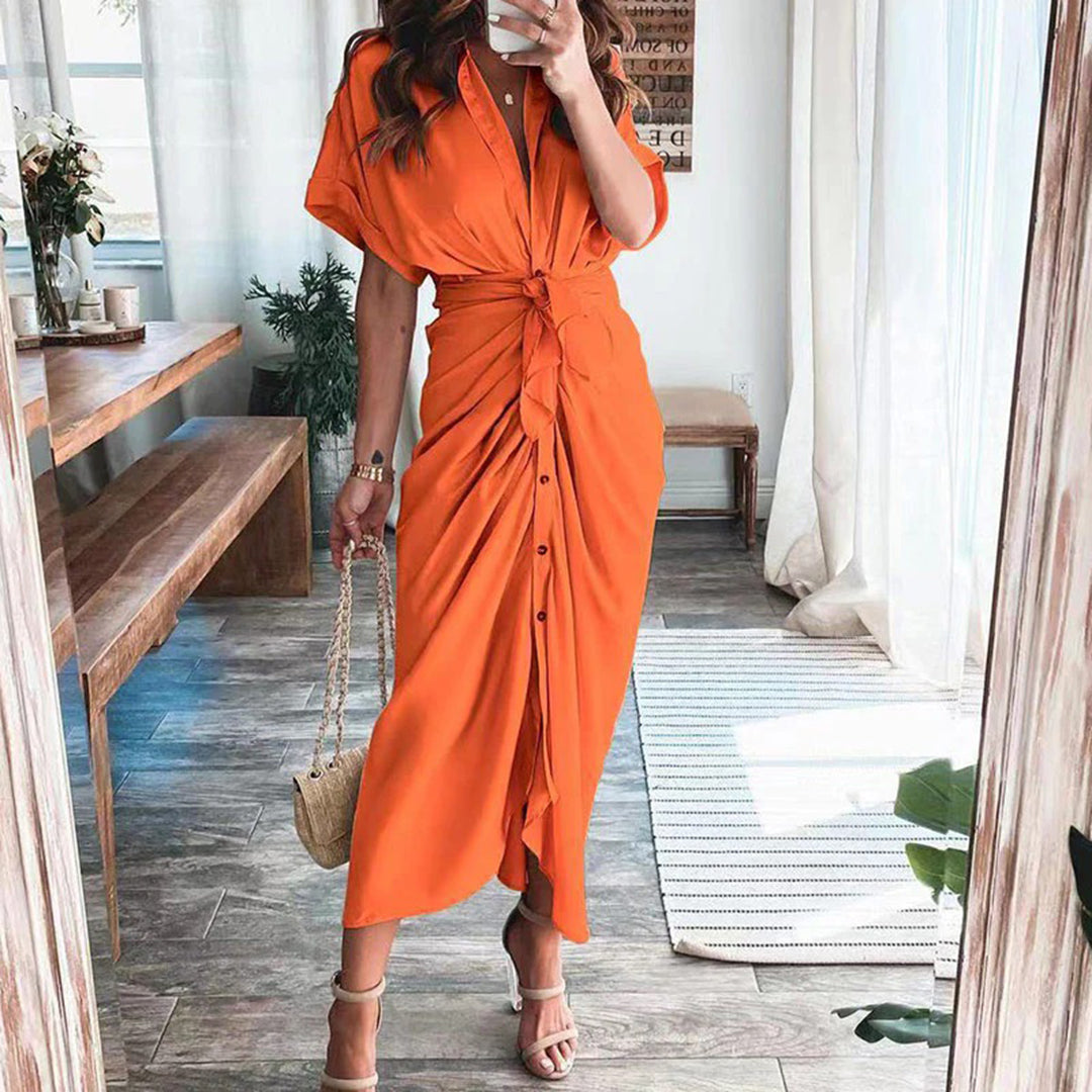Women's Shirt Dress - Button Down - Waist Tie - Short Sleeve Flowy Midi Length