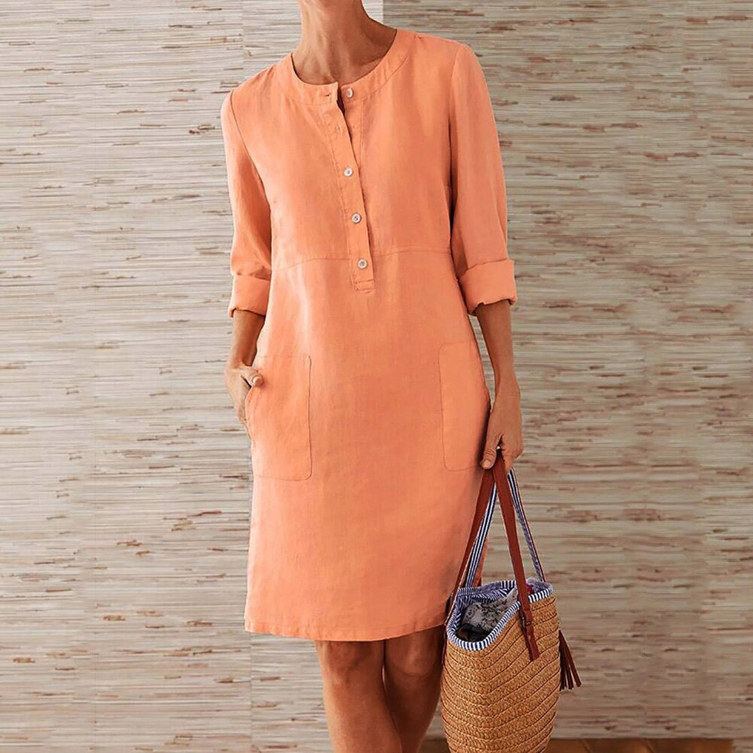 Women's Knee-Length Dress - Relaxed Fit - Button Front - Long Sleeves - Lightweight Fabric