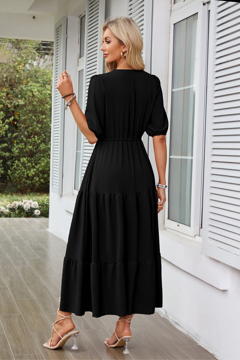 Women’s Maxi Dress – Flowy Tiered A-Line – Puff Sleeve – V-Neck – Cinched Waist – Side Slit