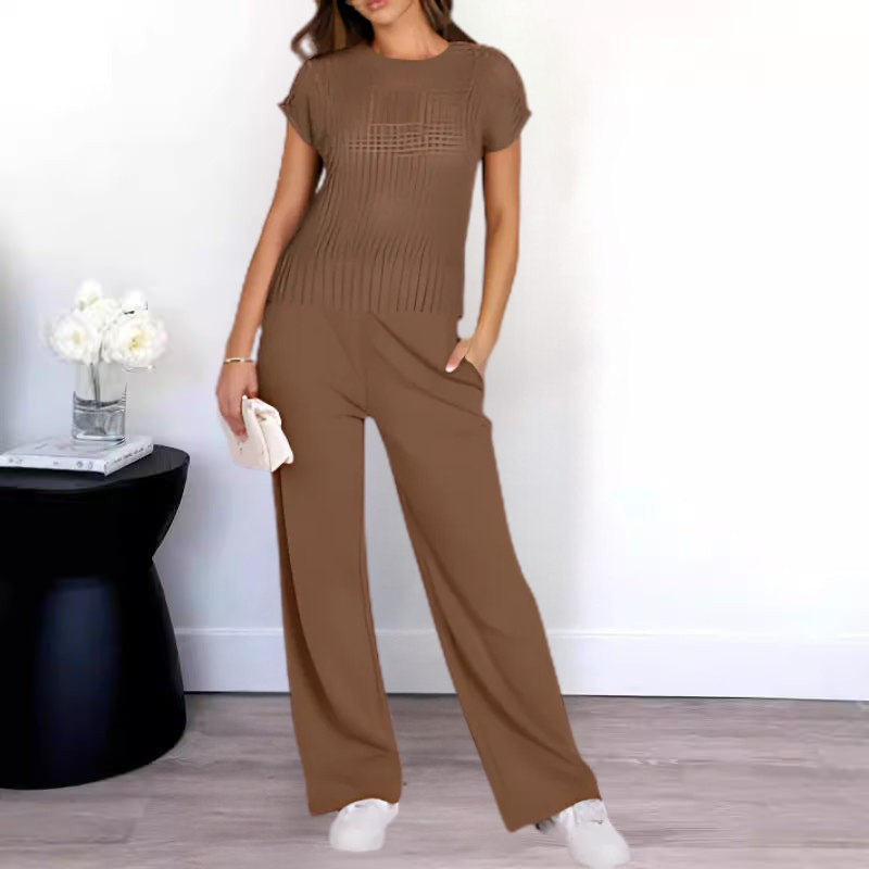 Women’s Two-Piece Set – Open-Knit Top – Wide-Leg Pants – Relaxed Fit – Breathable Fabric