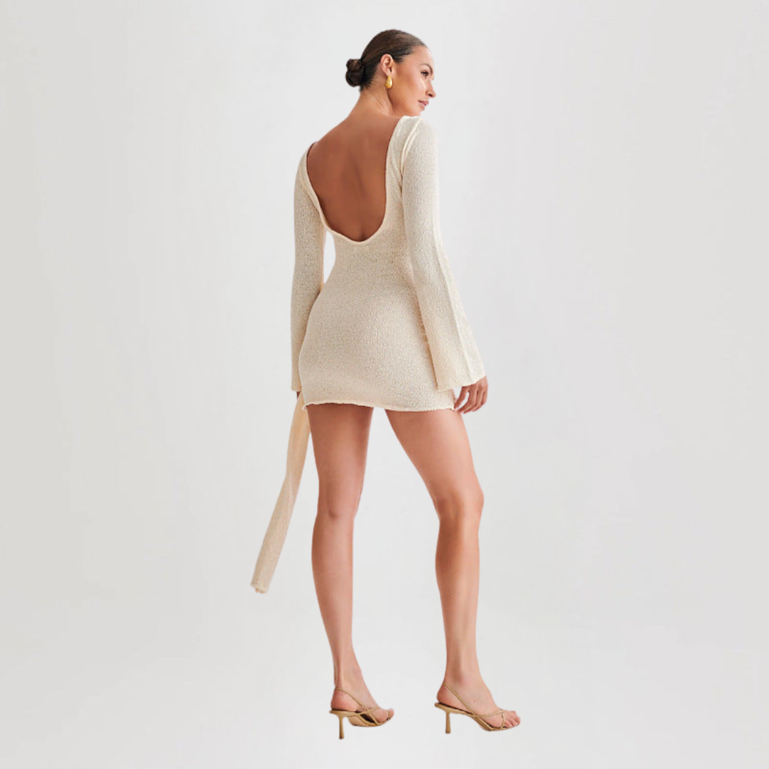 Women’s Mini Dress – Slim Fit Knit – Long Sleeve – Ruched Side with Adjustable Tie