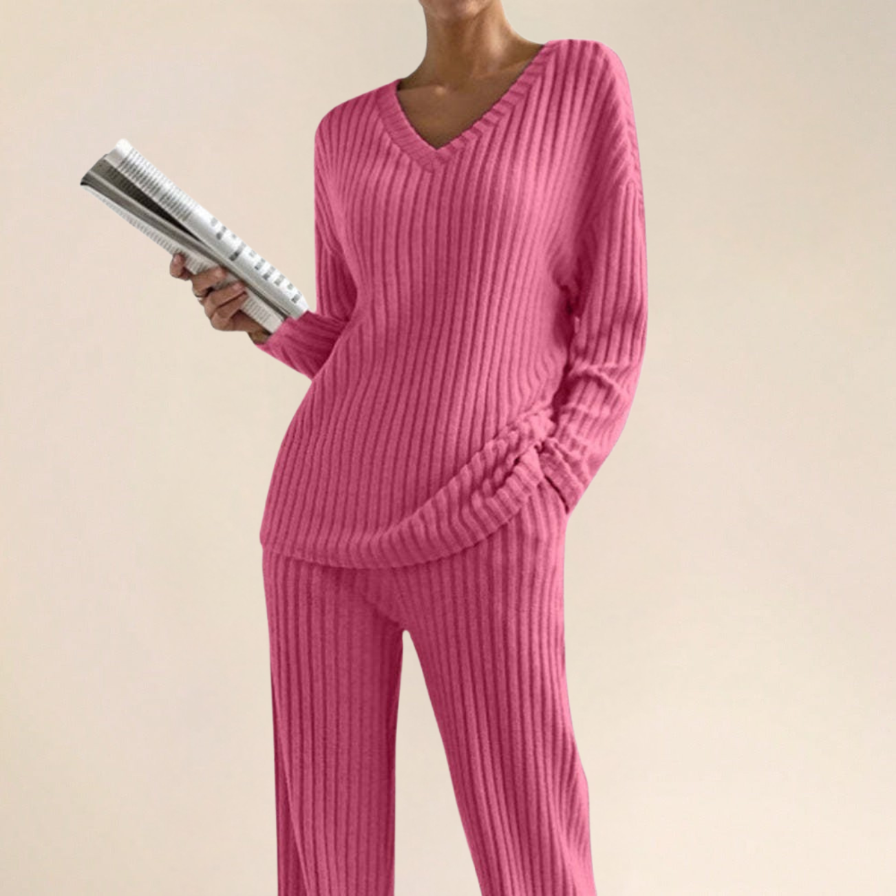 Women’s Knit Set – Soft Blend – V-Neck Top – Relaxed Fit – Straight-Leg