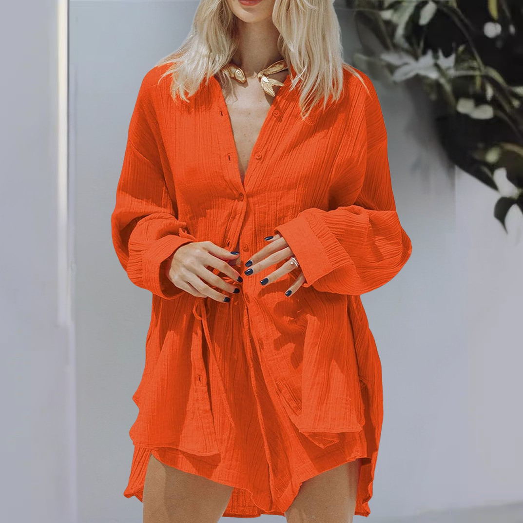 Women’s Two-Piece Set – Cotton Blend – Oversized Shirt – Relaxed Fit Drawstring Shorts
