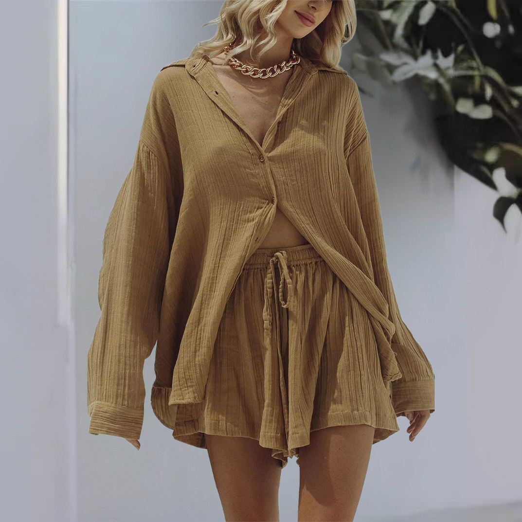 Women’s Two-Piece Set – Cotton Blend – Oversized Shirt – Relaxed Fit Drawstring Shorts