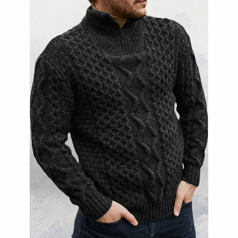 Men’s Knit Sweater – Cable Knit – High Neck Zip – Regular Fit – Ribbed Hem Cuffs