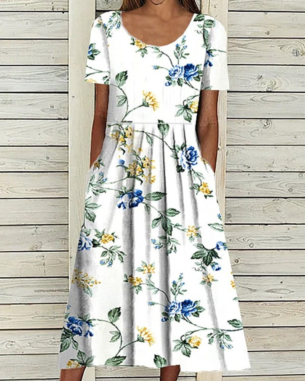 Women's Summer Midi Dress - Short Sleeve - Polka Dot Pattern