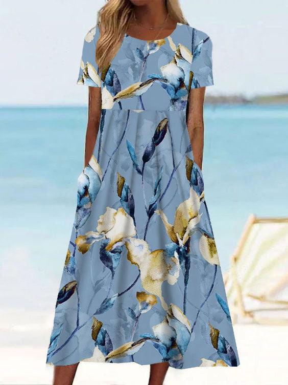 Women's Summer Midi Dress - Short Sleeve - Polka Dot Pattern