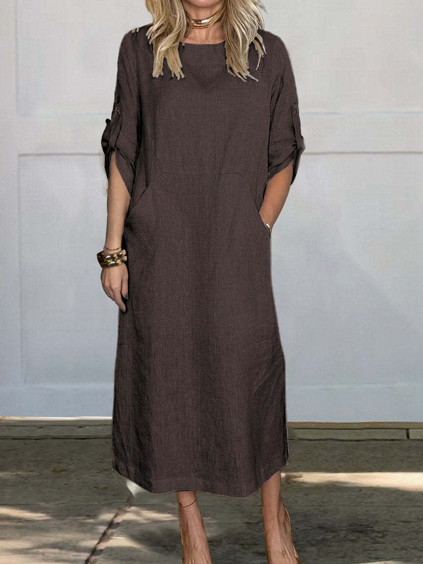 Women’s Maxi Dress – Relaxed Fit – Linen Feel – Roll-Up Sleeves – Side Pockets