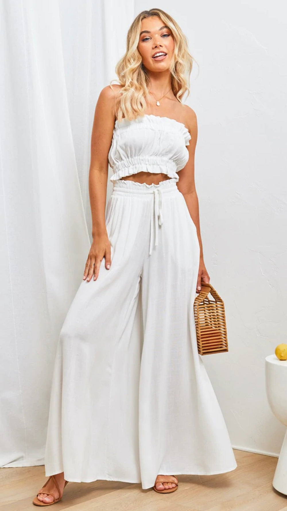 Women’s Relaxed Fit Pants – Wide Leg – Pleated Cotton Blend – Elastic Drawstring Waist